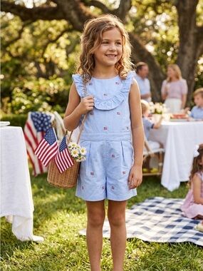 NWT Janie and Jack Embroidered Flag Ruffle Romper Blue 6
